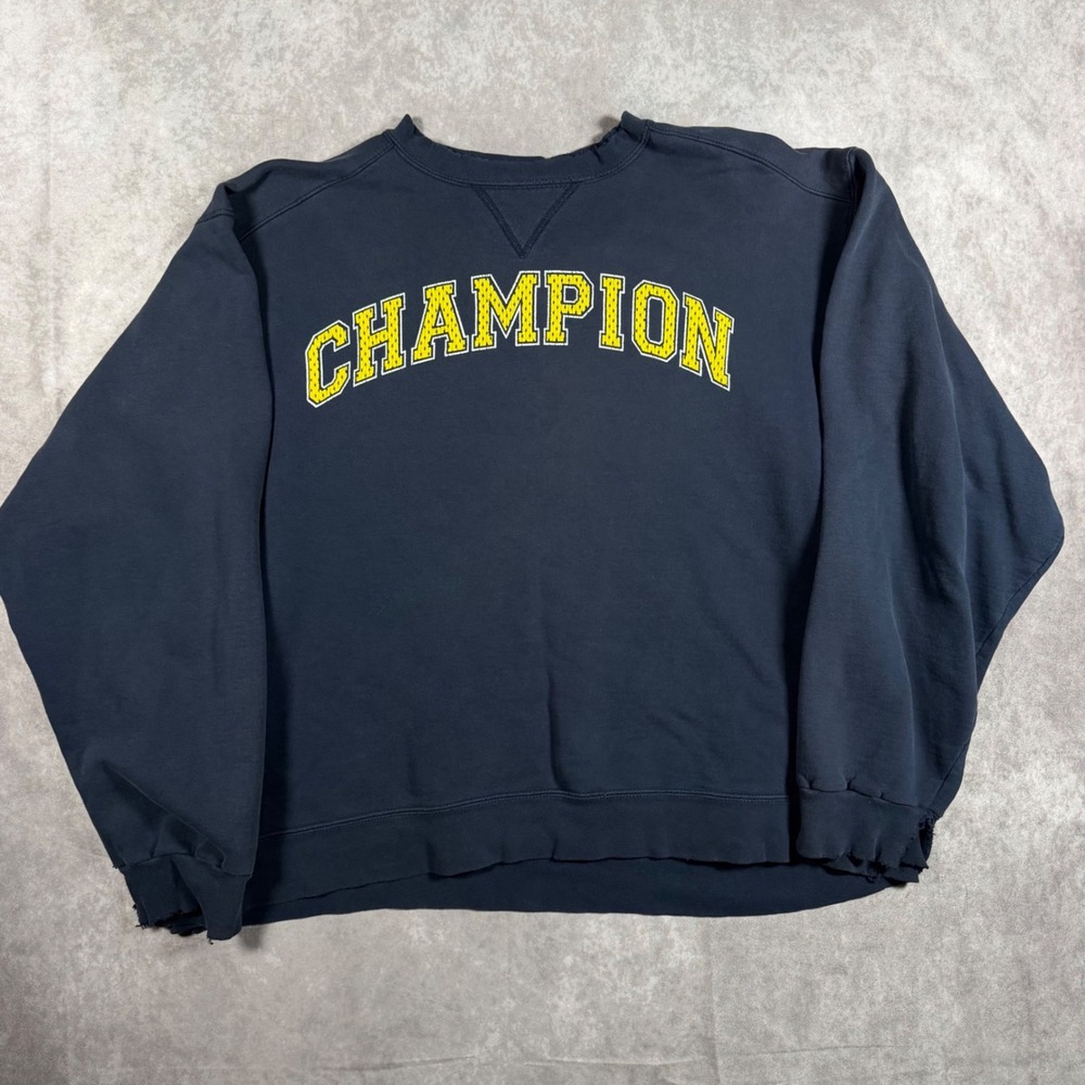 Vintage 90s Champion Crewneck Sweatshirt Large Navy Blue Yellow Arch Graphic